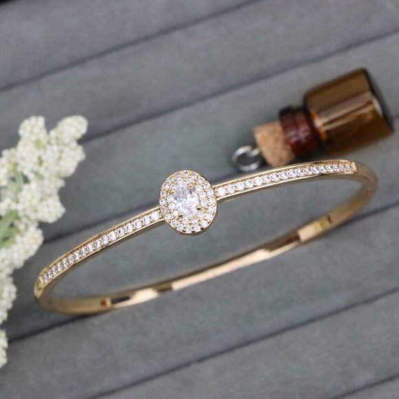Elegant Oval Centerpiece Rose Gold Bangle with Micro CZ Accents, XPBL0491 - Picture 1 of 12